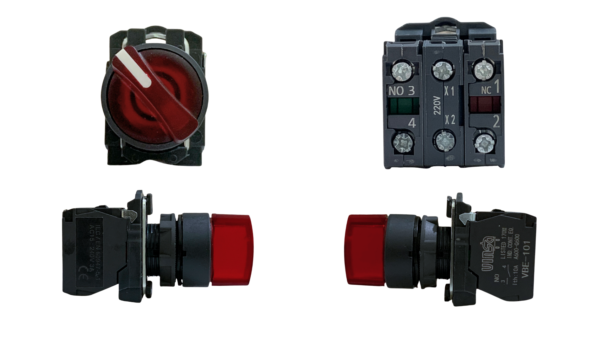 Illuminated Selector Switch 220VAC 3 Stay Put Positions Red 1N/O + 1N/C