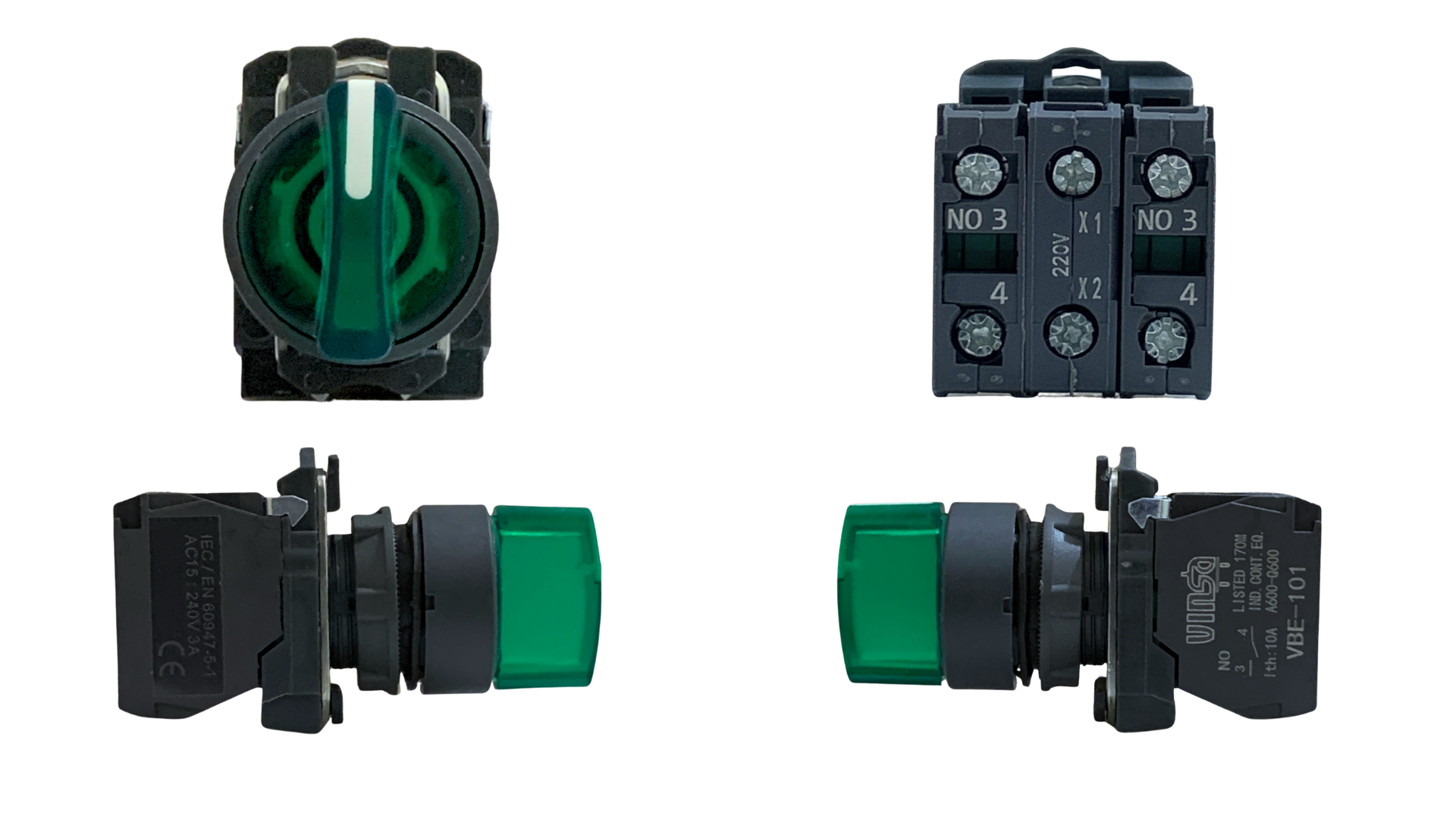 Illuminated Selector Switch 220VAC 3 Stay Put Positions Green 2 N/O