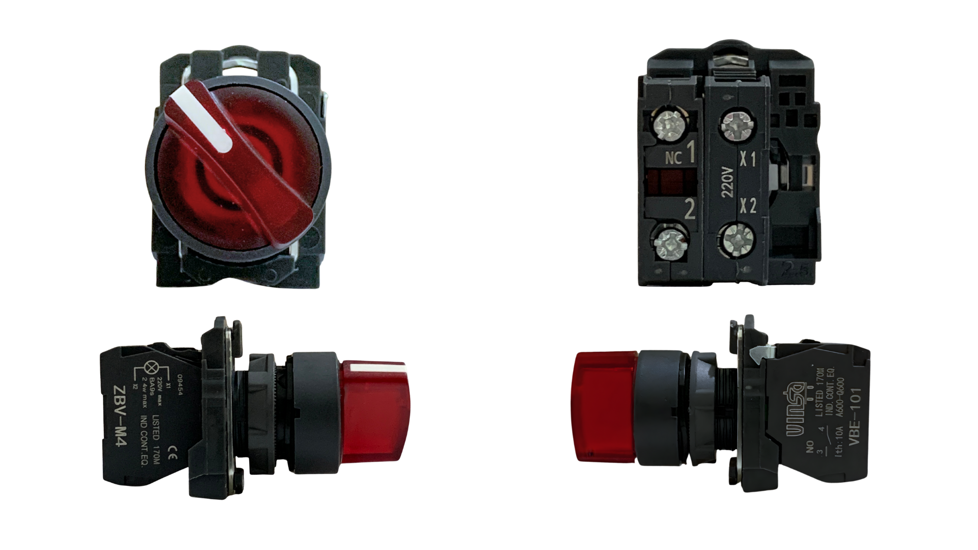 Illuminated Selector Switch 220VAC 2 Stay Put Positions Red 1N/O + 1N/C